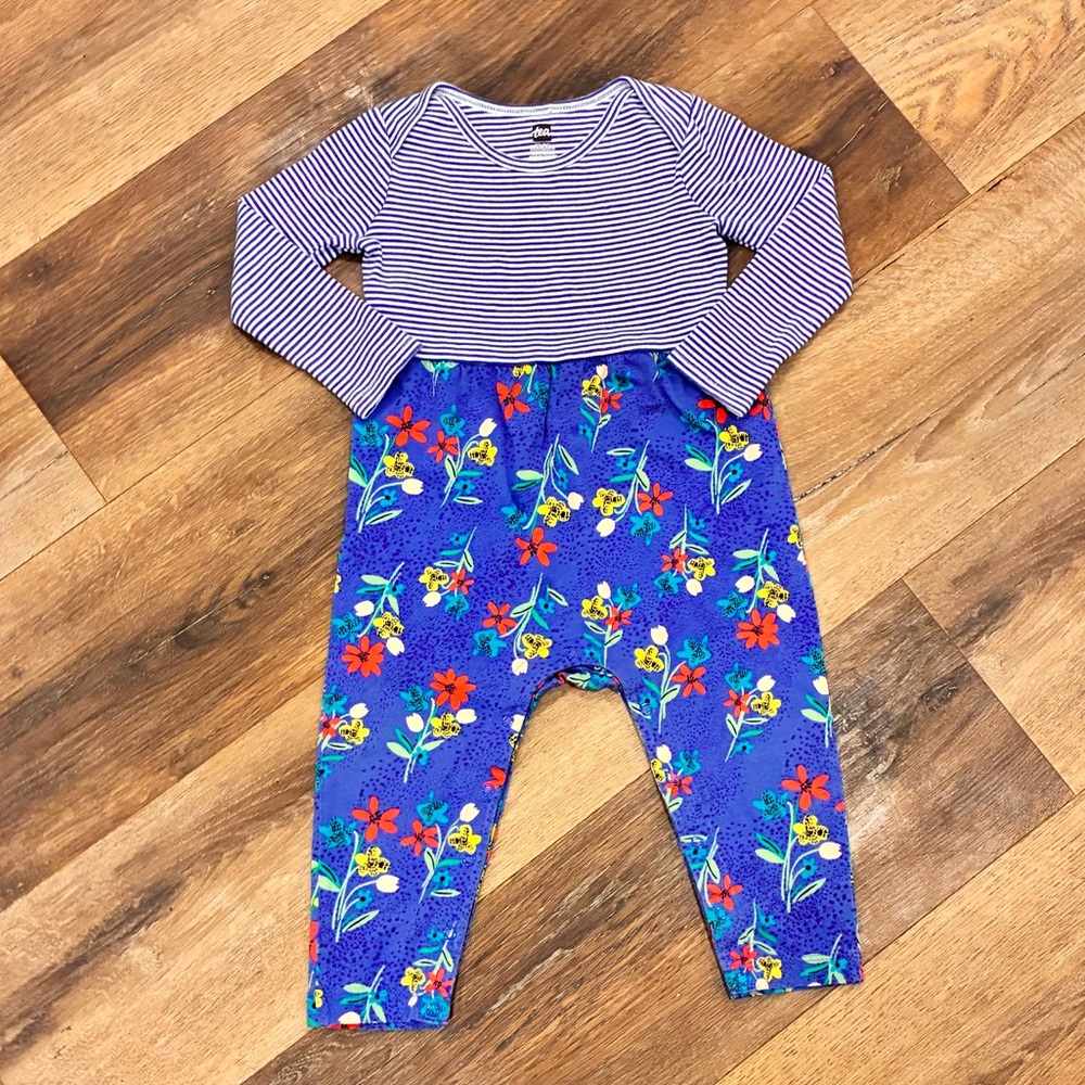 Tea Collection Purple Striped Top and Blue Floral Romper